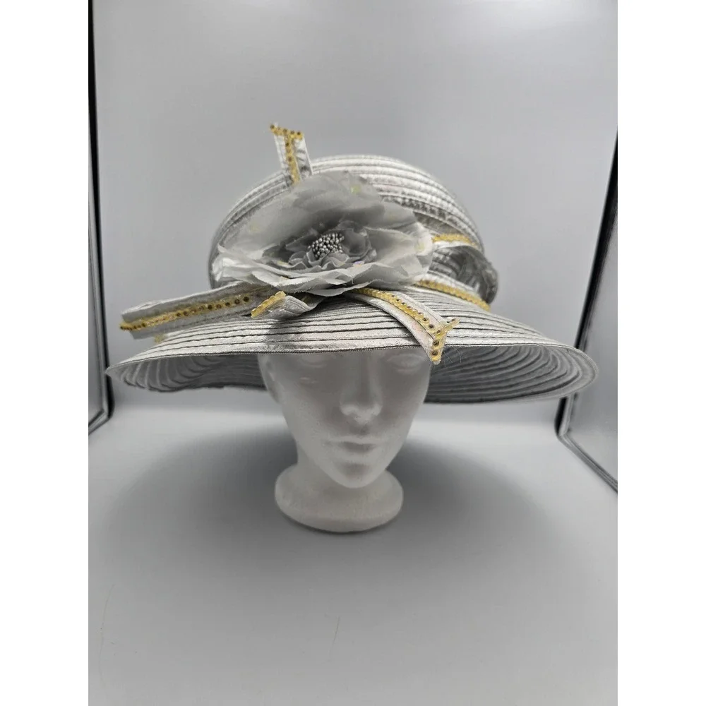 Unbranded Wide Brim Church Hat Women One‎ Size Silver Good Floral Sequin Trim